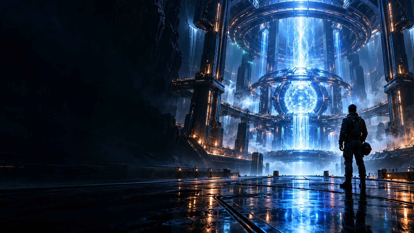 Concept art: an engineer faces an immense blue machine core