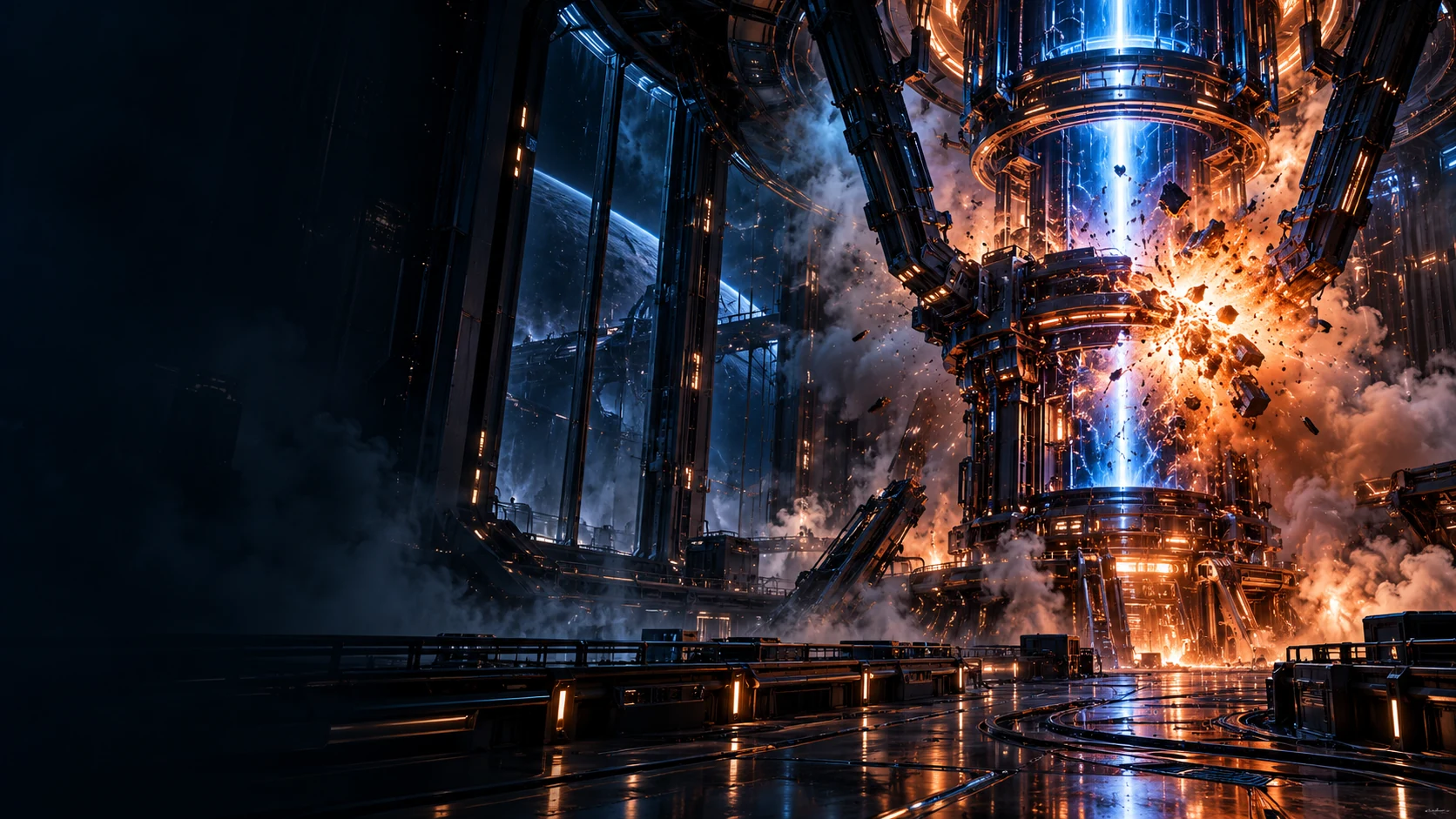 Concept art: a blue machine core fails in a burst of copper light