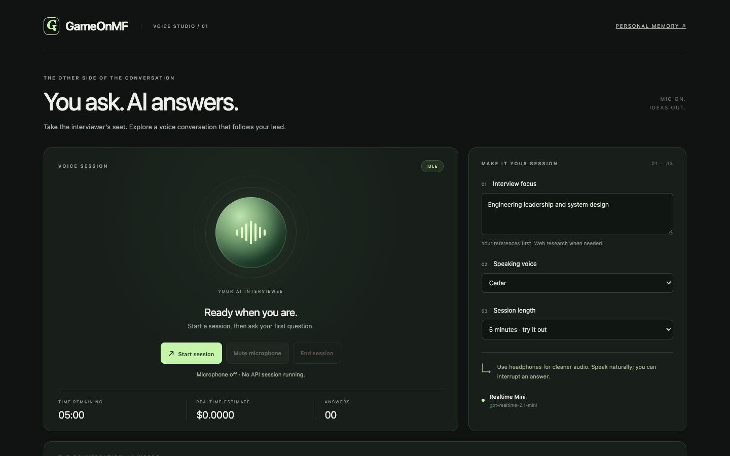 Local AI Interviewee voice studio showing the voice orb and session controls