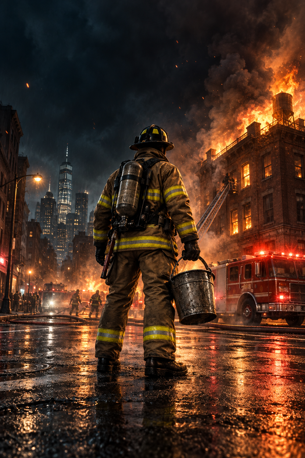 Bucket Battalion key art showing a firefighter facing a burning city