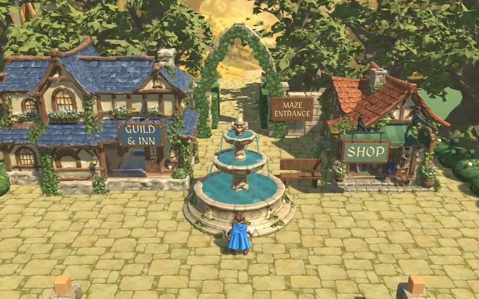 Bumblewood gameplay capture of a woodland town with a guild, shop, and maze entrance