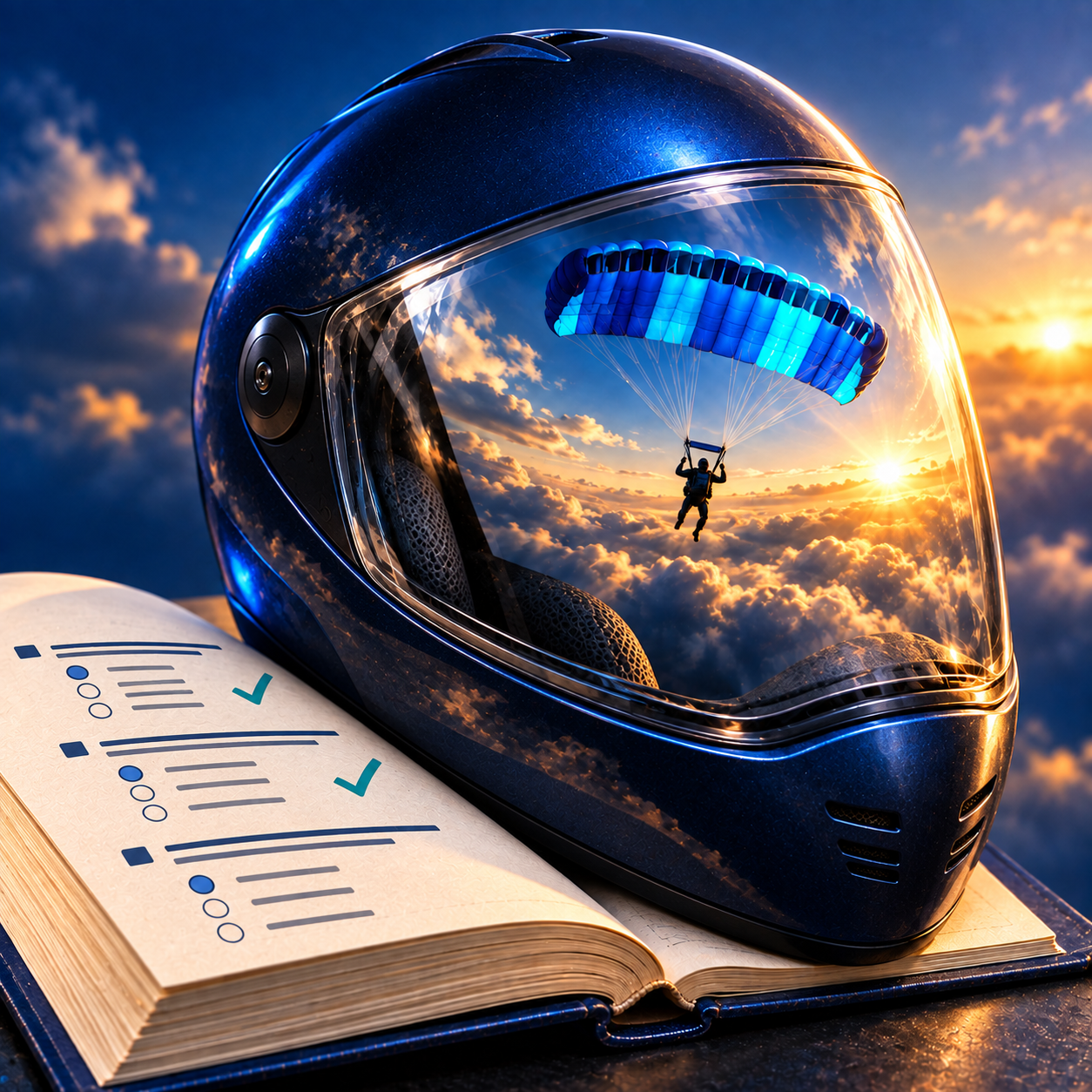 CheckDive identity concept featuring a skydiving helmet, canopy, and study book