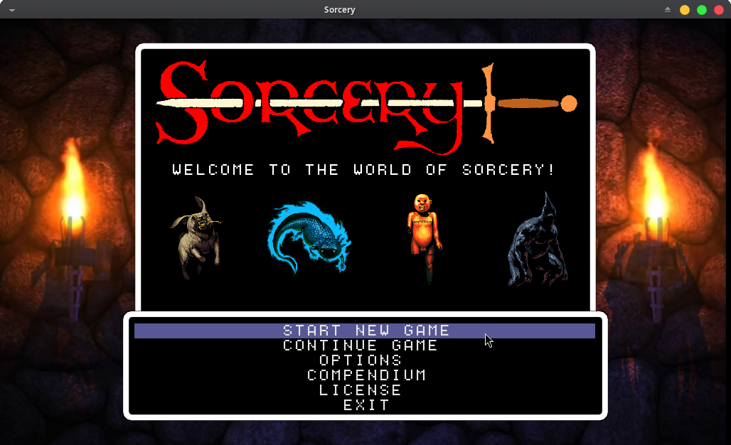 Sorcery game's title and menu screen